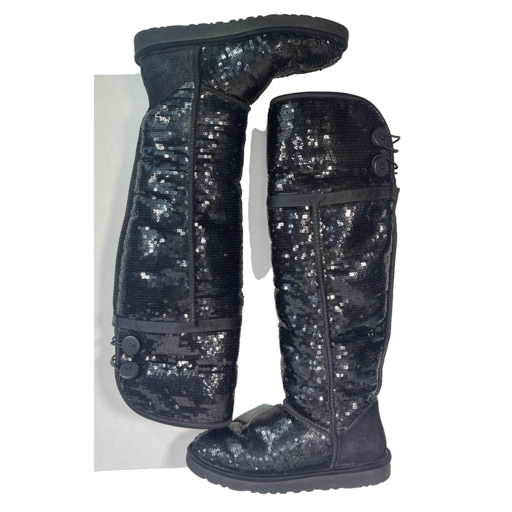 UGG Black Tall Over Knee High Sequin Shearling Button‎ Boots Womens Size 7 Rare - Picture 12 of 16